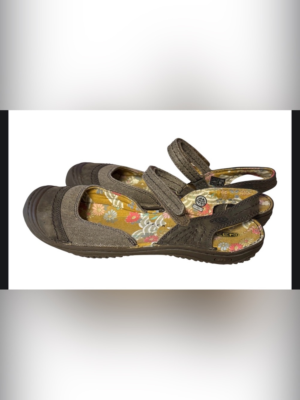 KEEN Summer Golden sandals featuring a brown canvas and leather